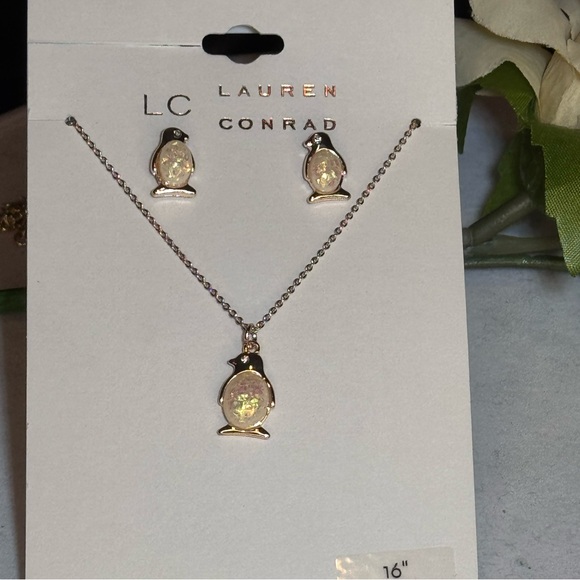 LC Lauren Conrad Opalescent Penguin Necklace and Earring Set in Rose Gold Tone - Picture 1 of 8